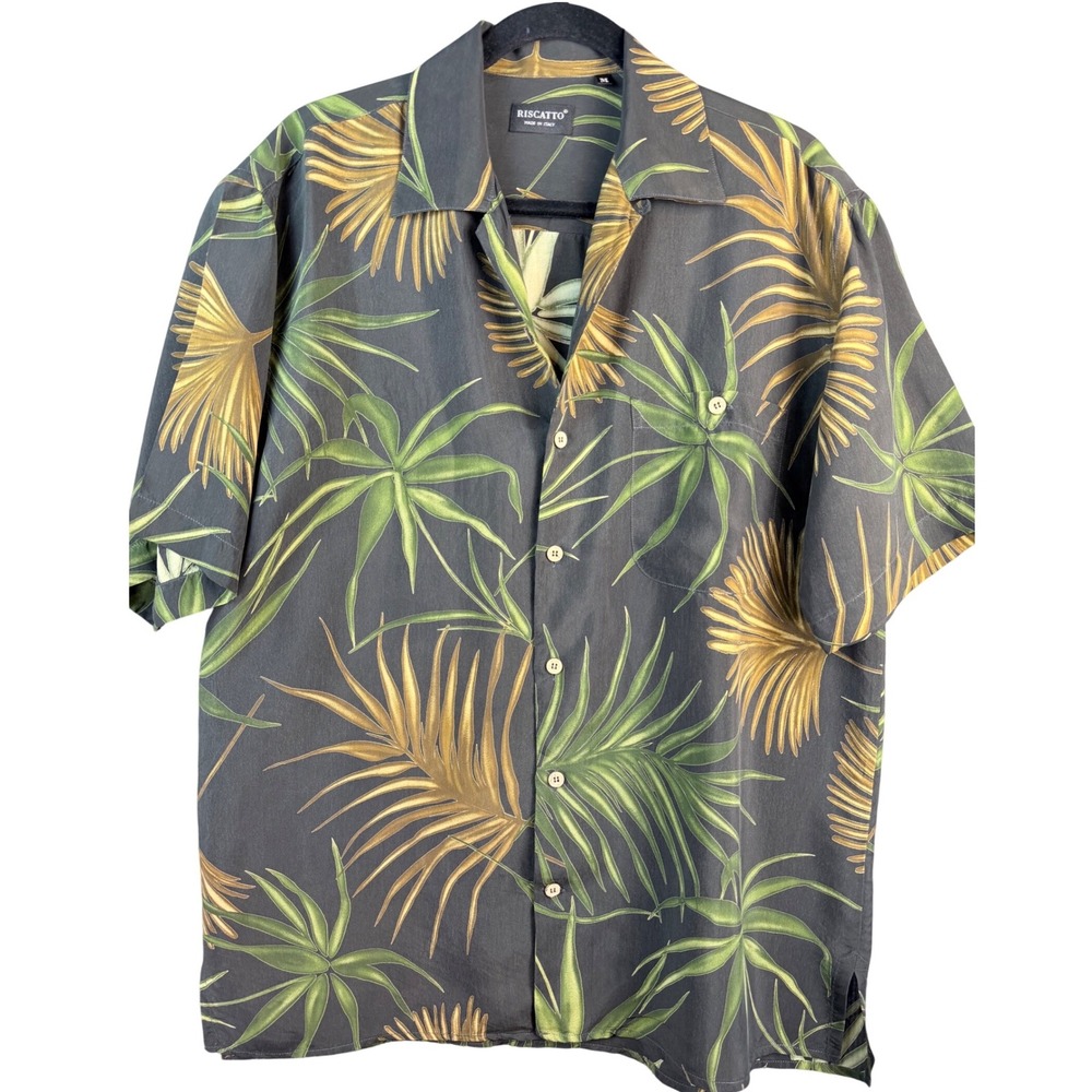 Riscatto Mens Hawaiian Shirt M Dark Grey Gold Tropical Palm Leaf Made in Italy